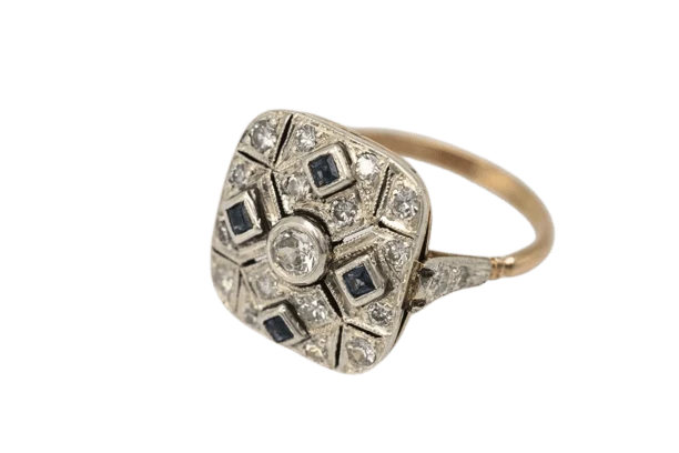 Геометричен пръстен Art Deco от жълто злато 585 с диаманти и сапфири