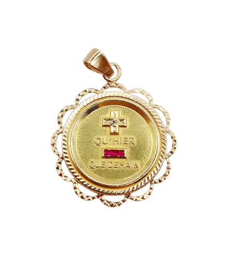 РЯДКИ медальон за любов AUGIS 26 mm 18k розово злато, украсено с рубини: „+ от вчера – от утре“ (около 1970 г.)