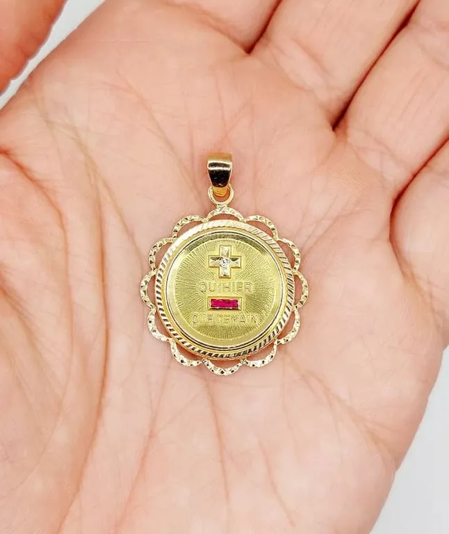 РЯДКИ медальон за любов AUGIS 26 mm 18k розово злато, украсено с рубини: „+ от вчера – от утре“ (около 1970 г.)