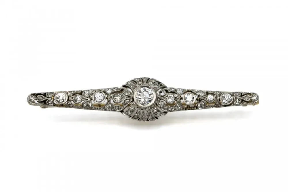 Брошка Belle Époque от жълто злато 585 и Платина, диаманти със стар шлиф 2,50 ct
