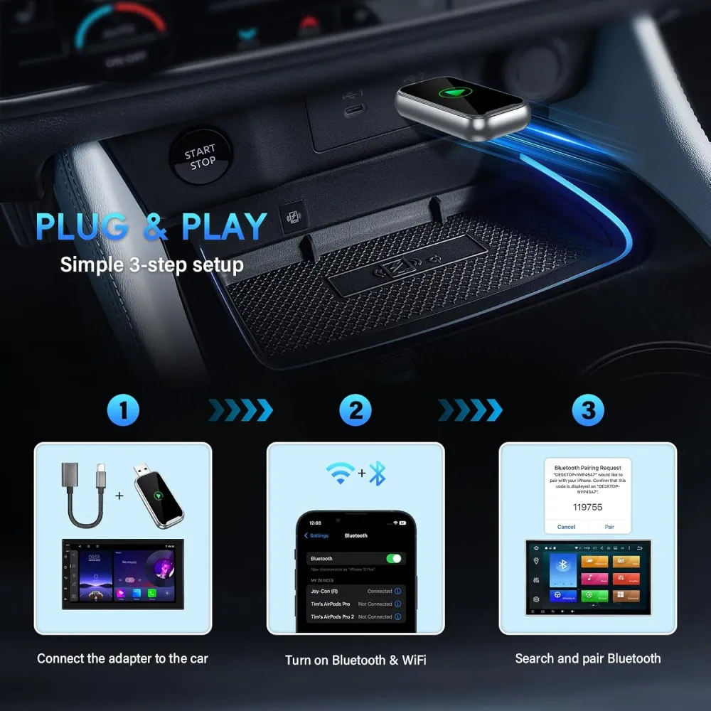 2 в 1 Безжичен адаптер за CarPlay и Android Auto – Лесна безжична връзка в колата