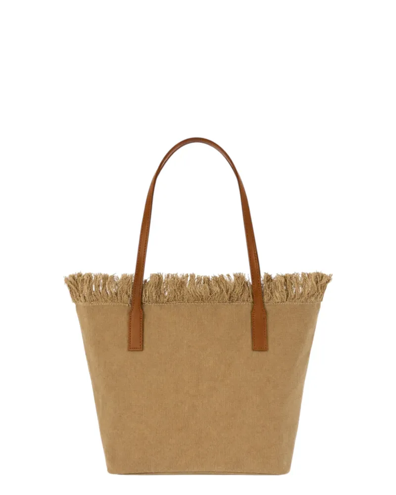 City Medium Bag Beige Canvas Fringes