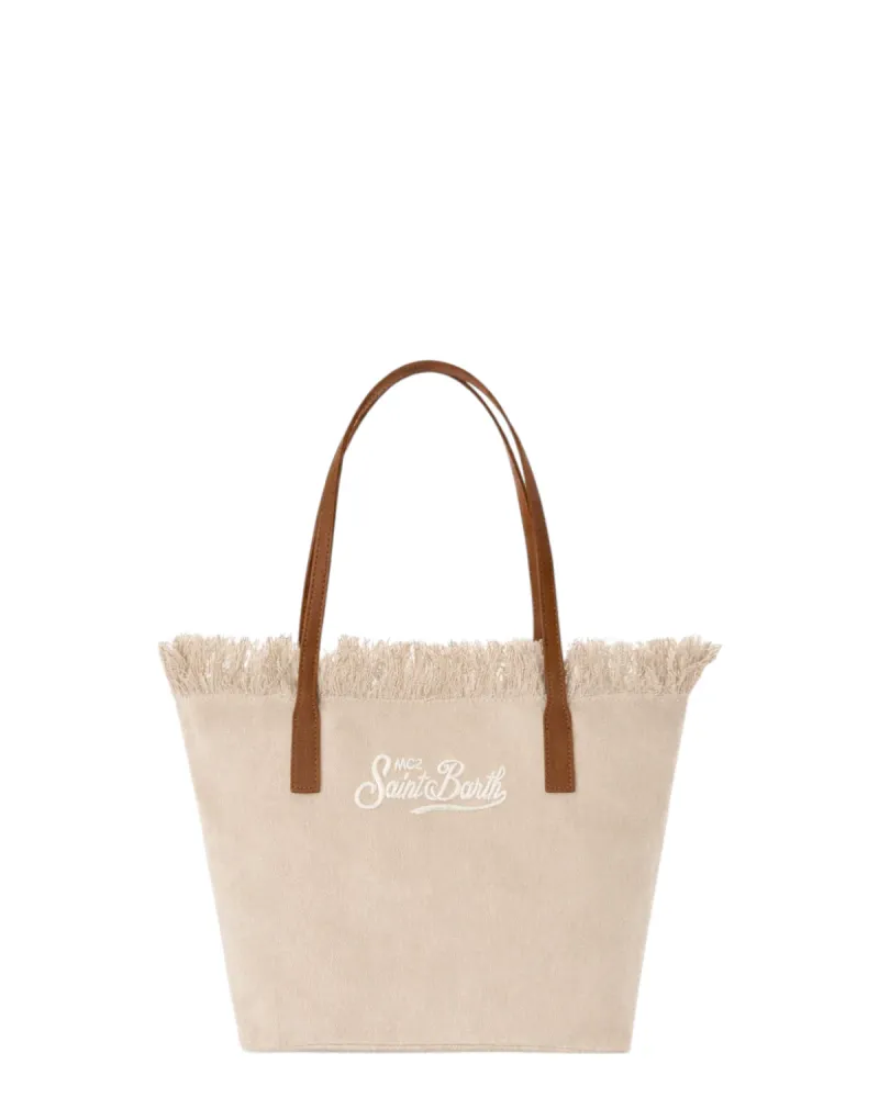 City Medium Beige Canvas Bag Fringes