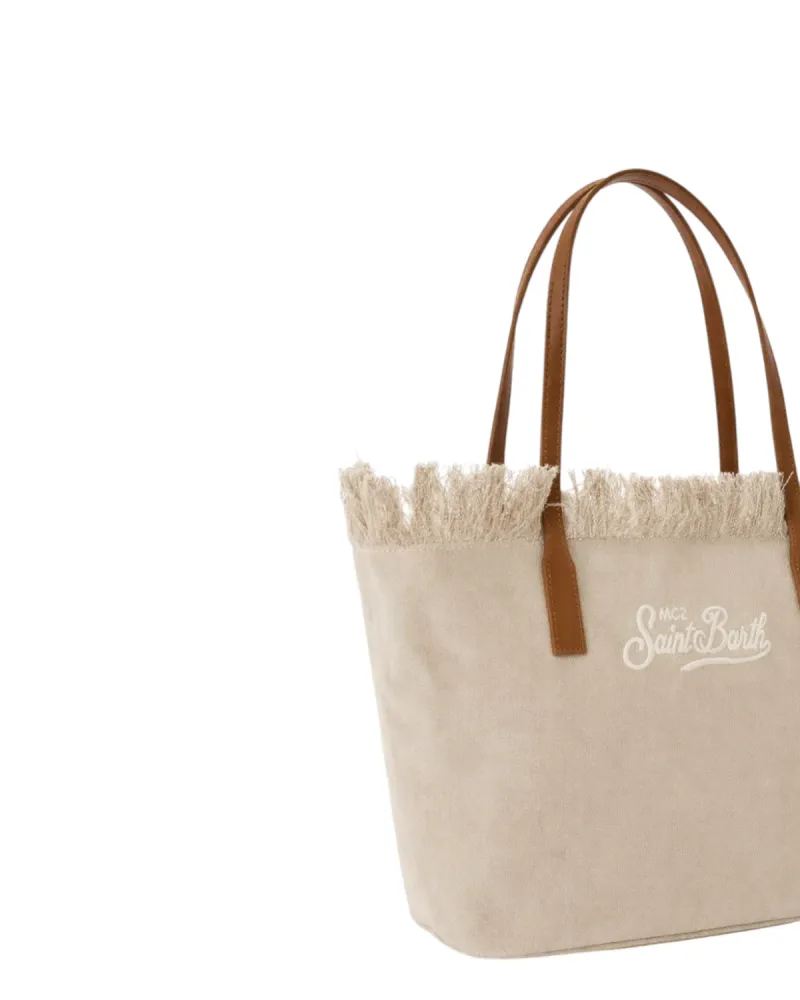 City Medium Beige Canvas Bag Fringes