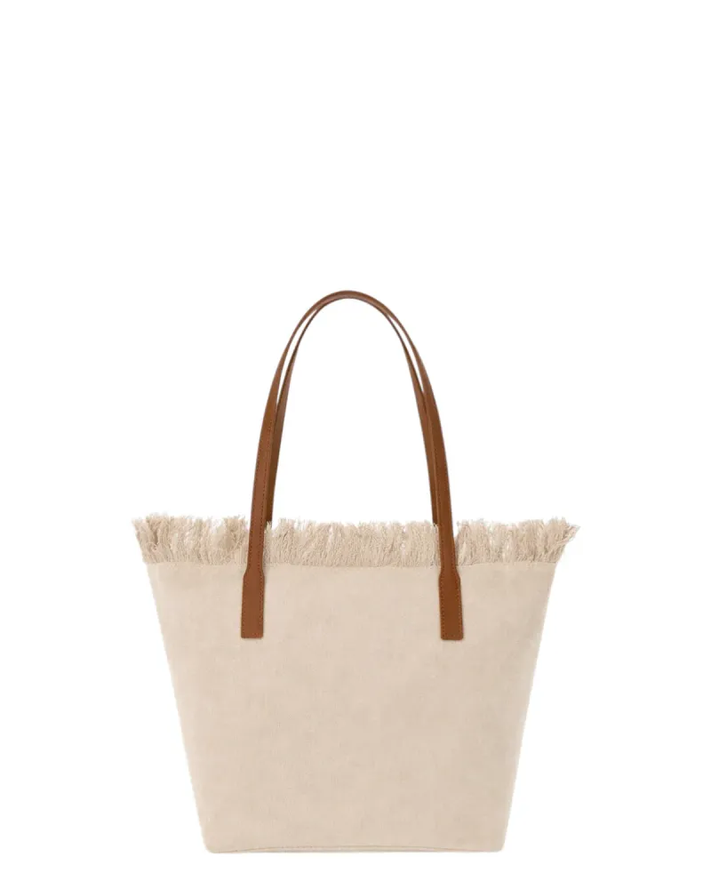 City Medium Beige Canvas Bag Fringes