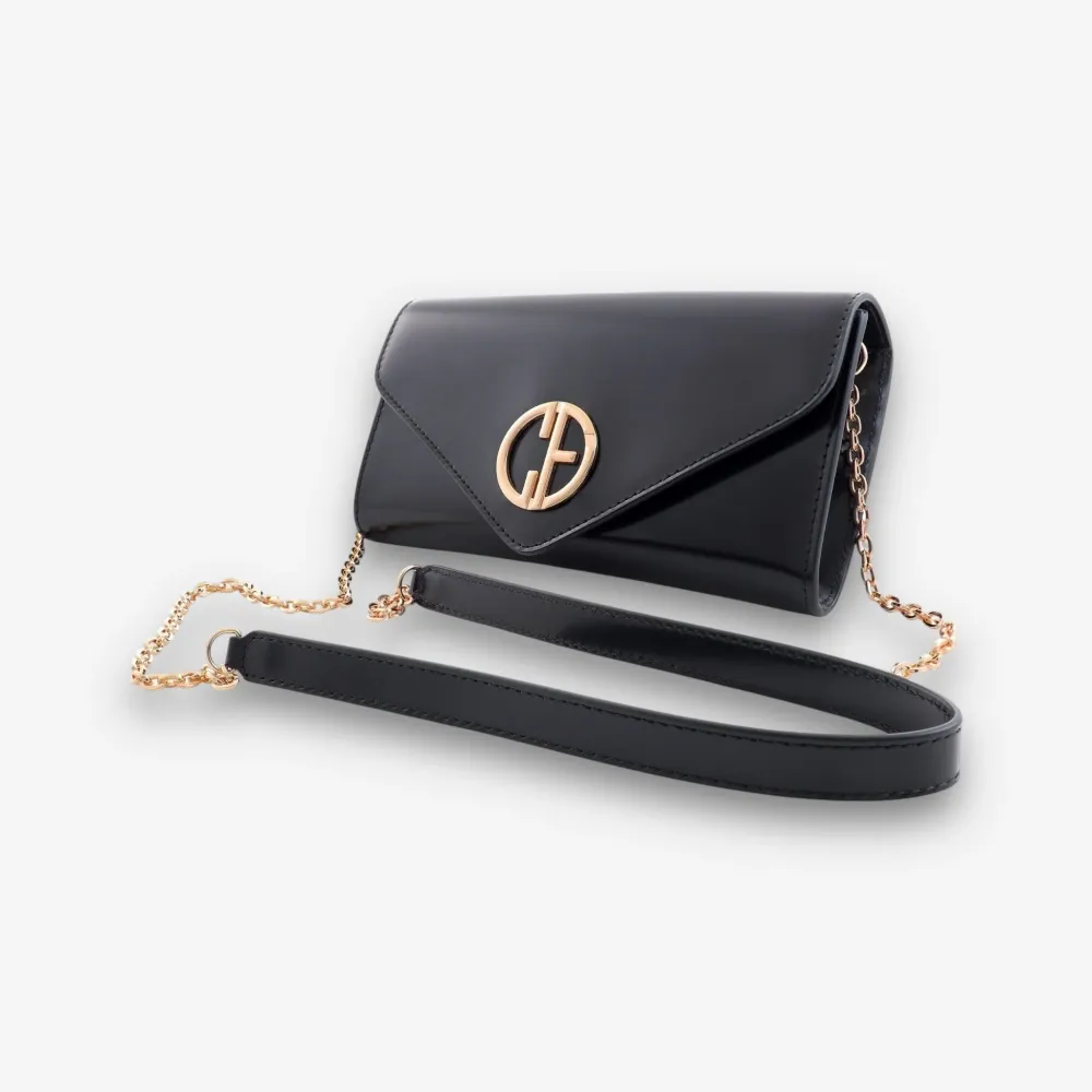 Малка дамска чанта - crossbody - черна полулачена кожа - злато | COLDFIRE
