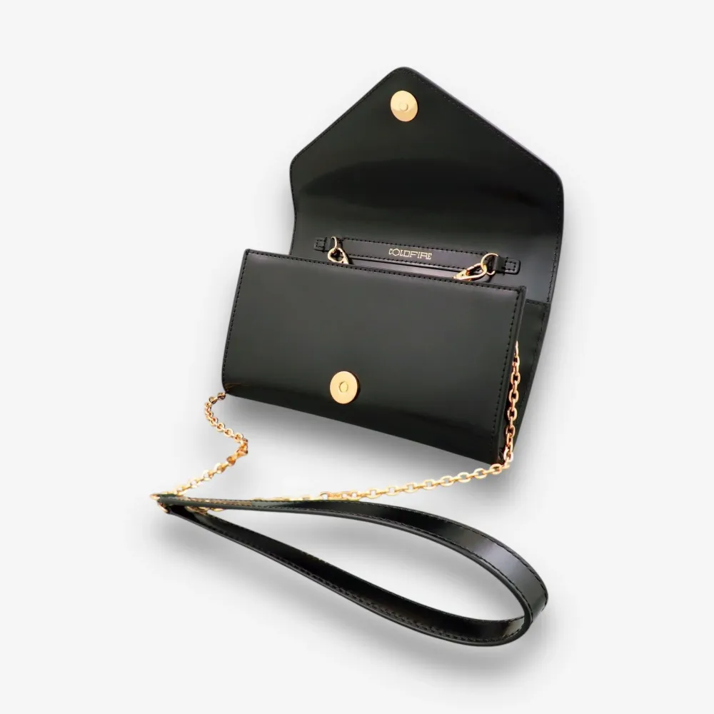 Малка дамска чанта - crossbody - черна полулачена кожа - злато | COLDFIRE