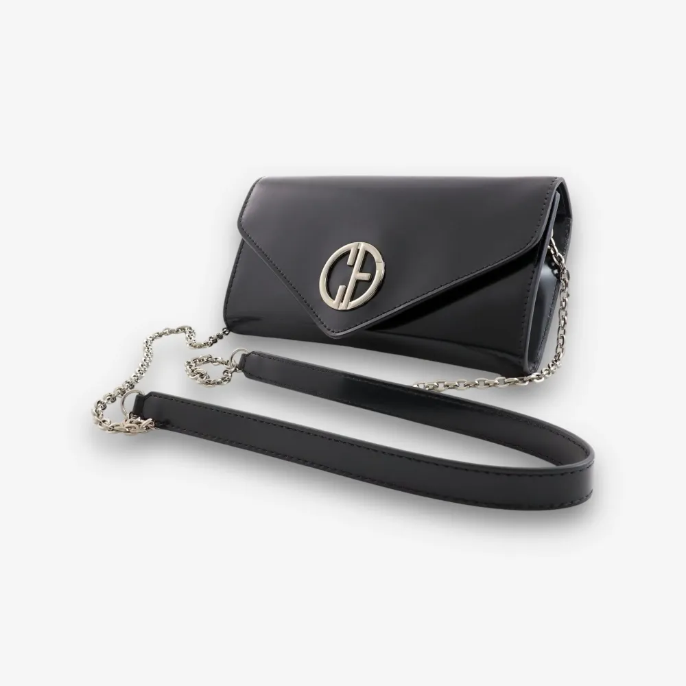 Малка дамска чанта - Crossbody - Черна полулачена кожа - Сребриста | COLDFIRE