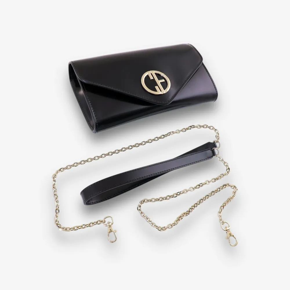 Малка дамска чанта - Crossbody - Черна полулачена кожа - Сребриста | COLDFIRE