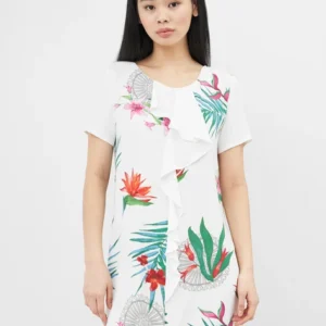 Desigual Дамска рокля с къс ръкав, бяла с флорални мотиви