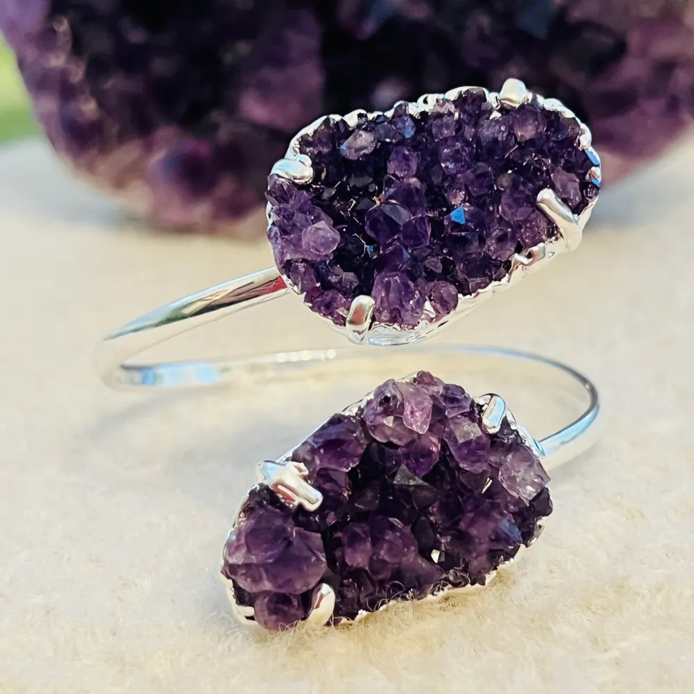 Регулируема гривна, издухана със сребърен Druzy Amethyst Brazil Модел 1