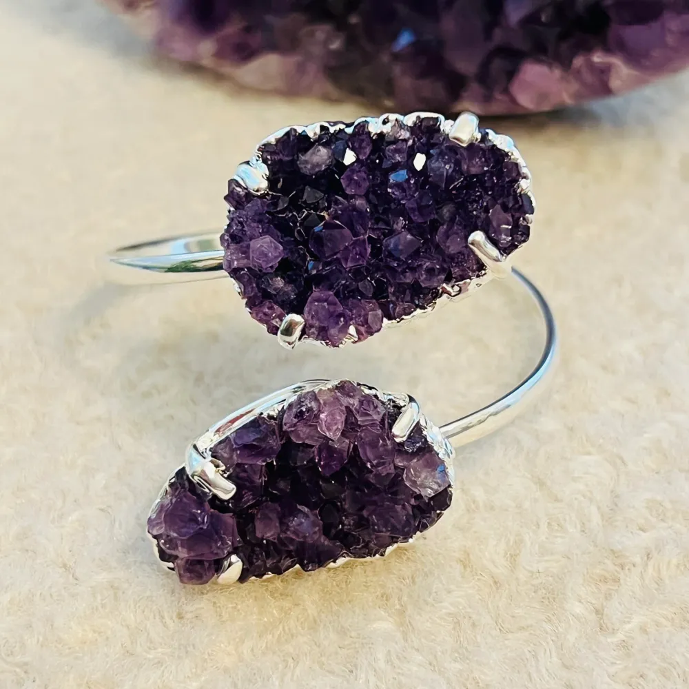 Регулируема гривна, издухана със сребърен Druzy Amethyst Brazil Модел 1