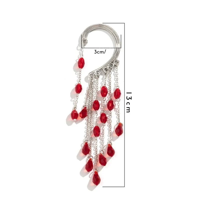 Сребърна маншета за ухо тип ear cuff с каскада от червени капки
