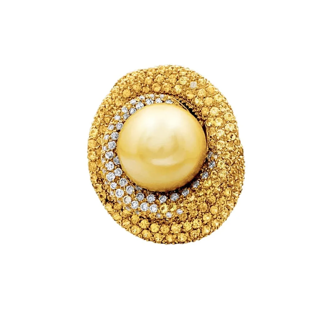 Пръстен с перла gold, бели диаманти, цветни сапфири, жълто злато.