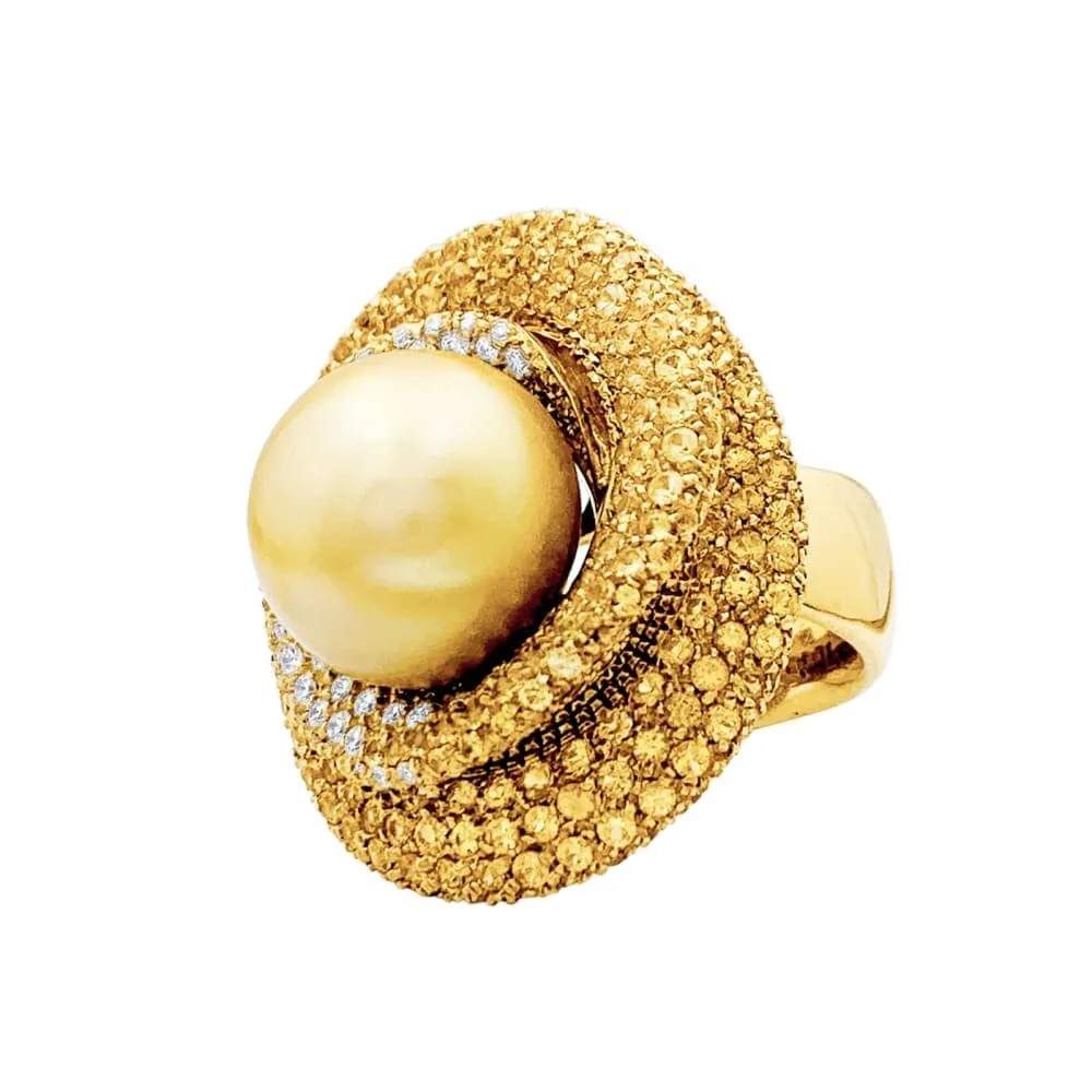 Пръстен с перла gold, бели диаманти, цветни сапфири, жълто злато.