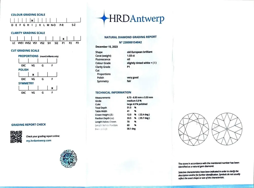 HRD сертифициран 1,03-каратов стар европейски диамант