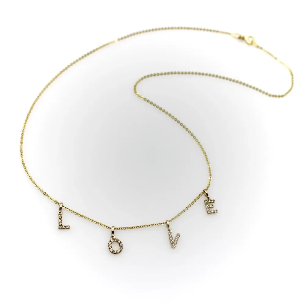 LOVE колие - 14k златно колие с микро павирани диаманти