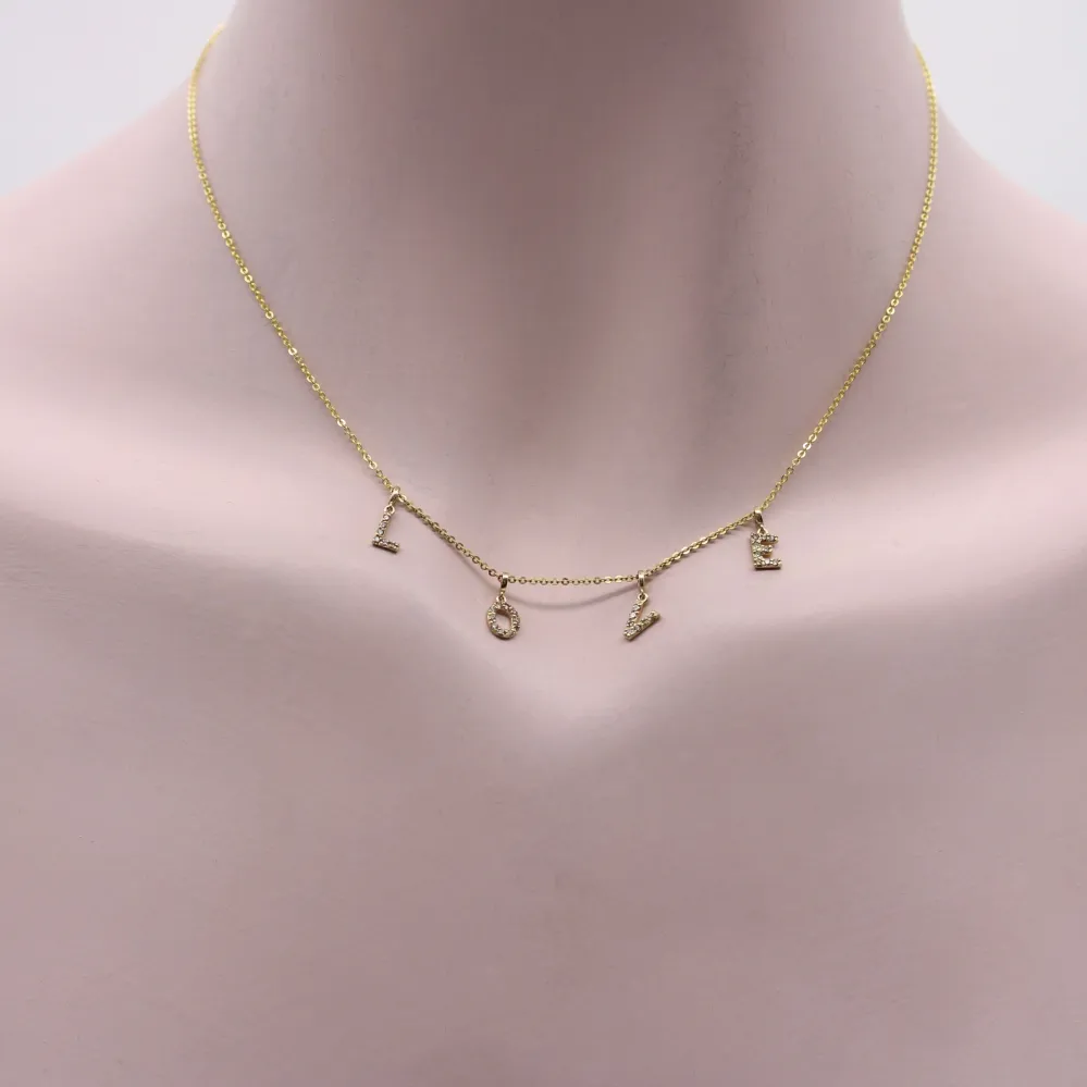LOVE колие - 14k златно колие с микро павирани диаманти