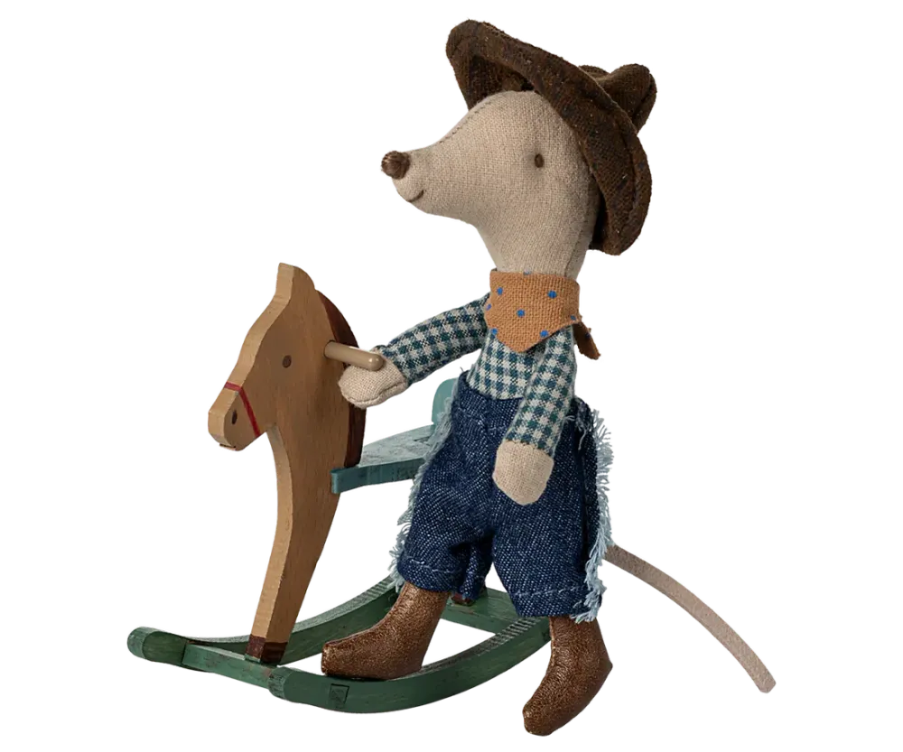 Maileg Cowboy mouse on rocking horse, Little brother