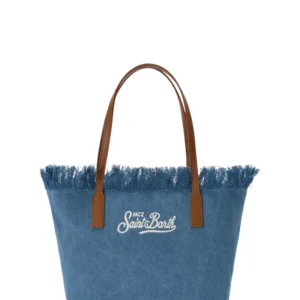 Mc2 Saint Barth Blue Denim Shopper Bag Fringes and Zip