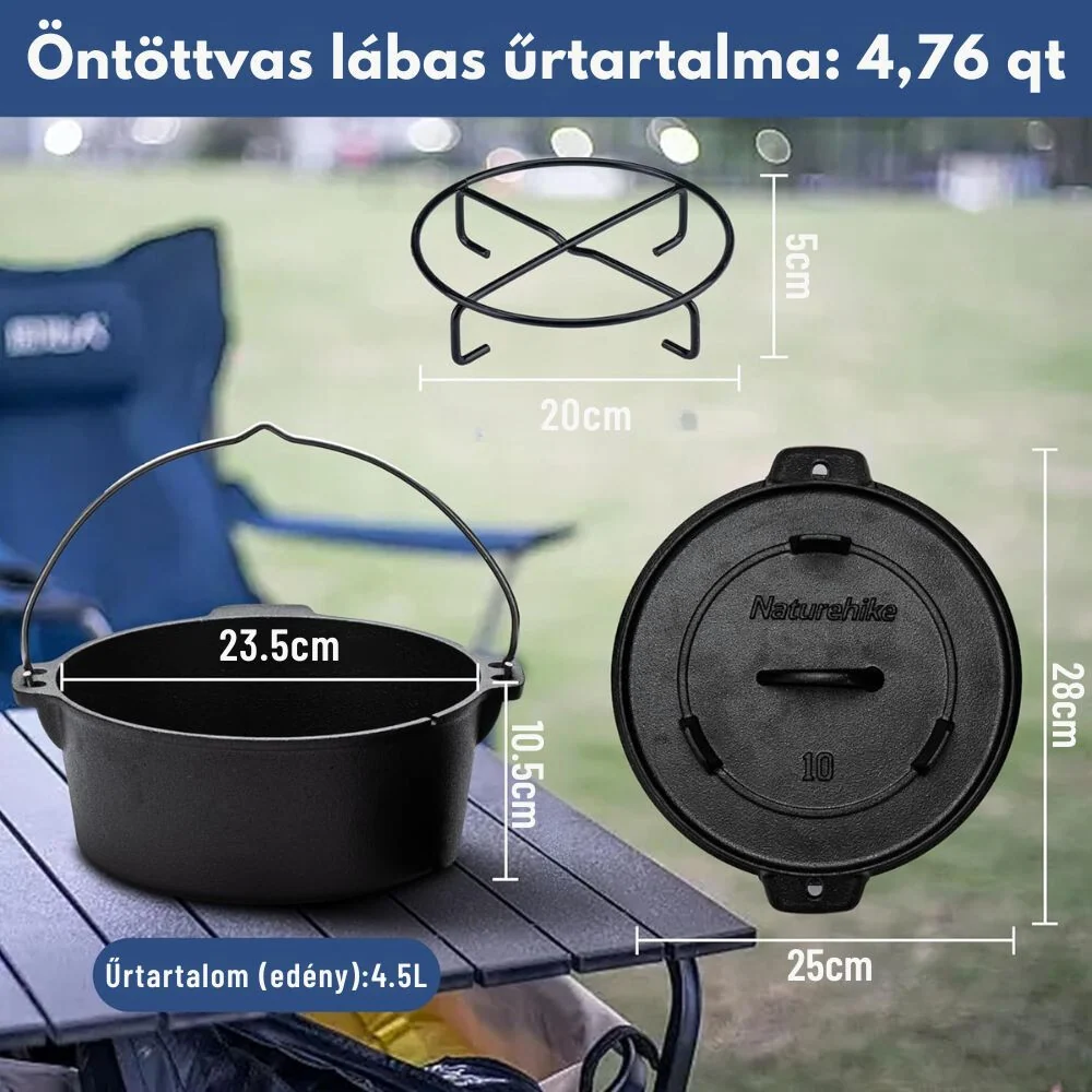 Naturehike Чугунен комплект за готвене на открито – 4,5 L Къмпинг съд за готвене, Предварително обработен, С двуфункционал...