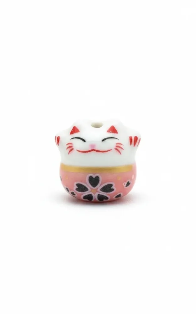 Perle Chat chanceux blanc et rose
