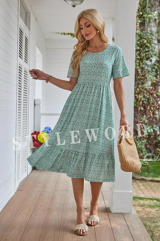STYLEWORD Дамска елегантна рокля, зелена на бели цветя