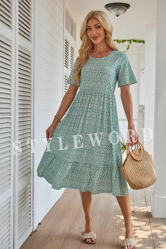 STYLEWORD Дамска елегантна рокля, зелена на бели цветя