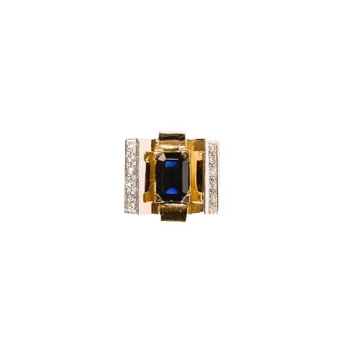 Двуцветен златен пръстен Tank Art Deco със сапфир и диаманти