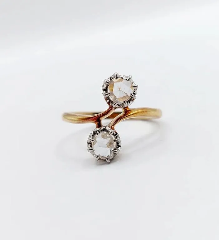 Викториански пръстен Toi & Moi от розово злато 18k и диаманти с розова шлифовка