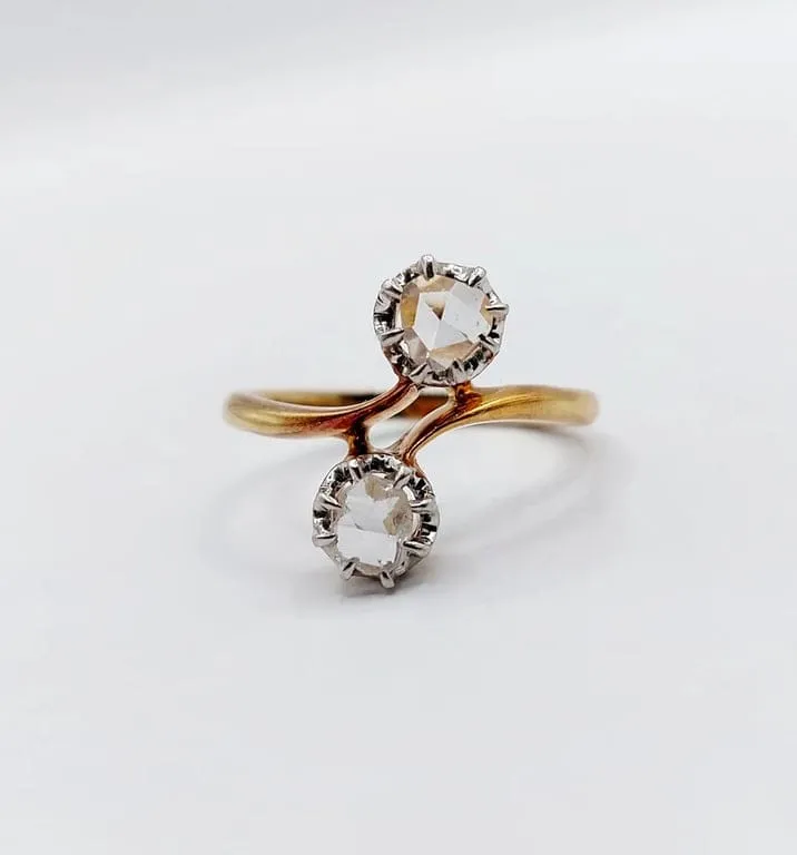 Викториански пръстен Toi & Moi от розово злато 18k и диаманти с розова шлифовка