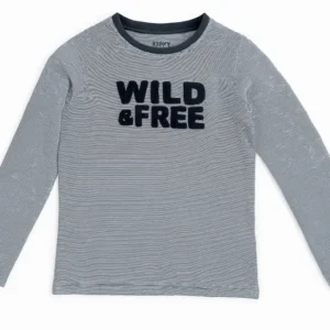 Детска памучна блуза с дълъг ръкав, синьо-бяло райе с принт WILD & FREE