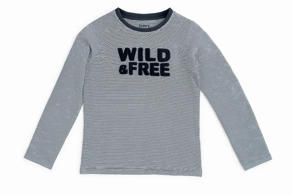 Детска памучна блуза с дълъг ръкав, синьо-бяло райе с принт WILD & FREE