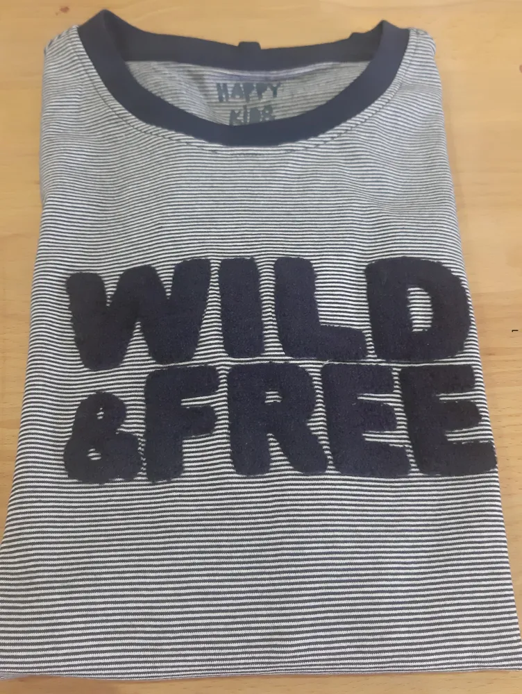 Детска памучна блуза с дълъг ръкав, синьо-бяло райе с принт WILD & FREE