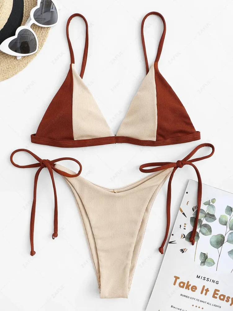 ZAFUL Двуцветен рипсен бански с връзки
